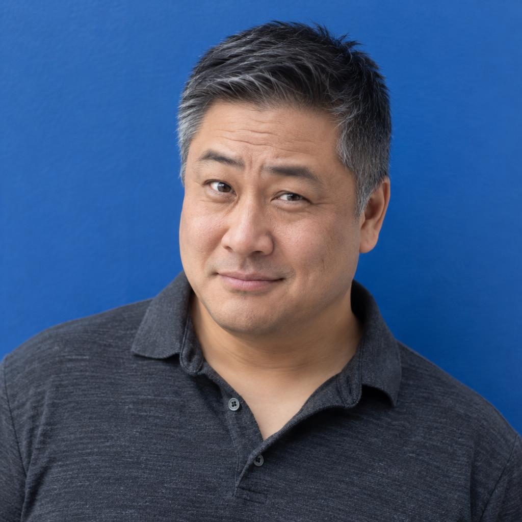 Quirky Comedy Casting Look: Photographic acting headshot against a clean cobalt-blue wall, framed from the upper chest.