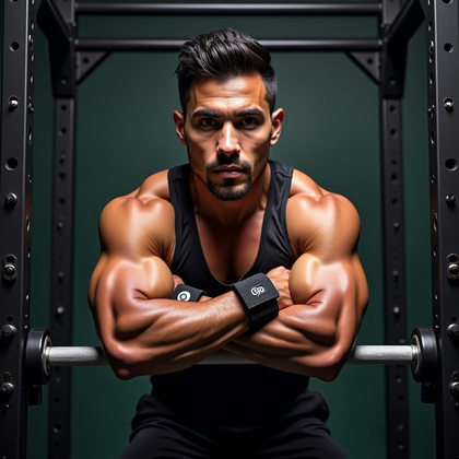 AI-generated photo: Photorealistic gym portrait — subject steadies themselves between sets with elbows planted on the ra...