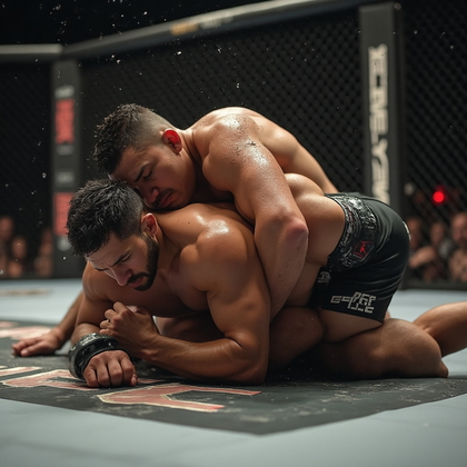 AI-generated photo: Photorealistic capture of a grappling moment in a UFC fight, focusing on the intense physicality and...