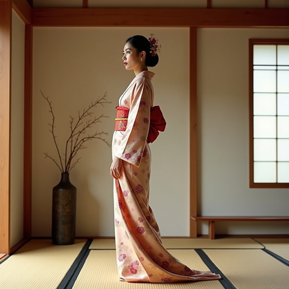 AI-generated photo: Fashion editorial photography, a traditional kimono portrait captured in a minimalist tea house inte...
