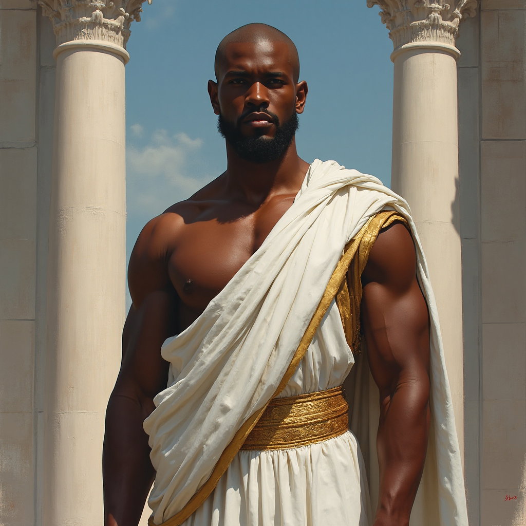 AI-generated photo: Neo-classical oil painting. A male figure standing confidently against a backdrop of a grandiose arc...