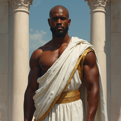 AI-generated photo: Neo-classical oil painting. A male figure standing confidently against a backdrop of a grandiose arc...