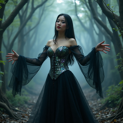 AI-generated photo: Cosplay villain photo portraying a beguiling villainess dressed in an ethereal gown composed of tran...