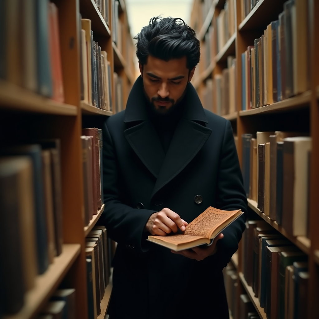 Library Stacks: Cinematic portrait framed through a foreground row of out-of-focus books, revealing the subject alone in the aisle beyond.