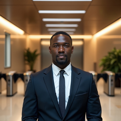 AI-generated photo: Professional headshot: In a corporate tower lobby by illuminated access turnstiles and satin-finish ...