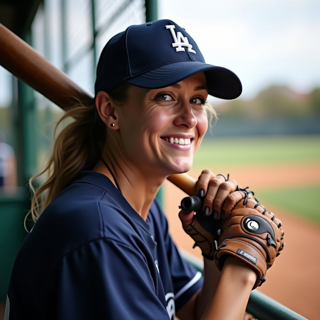 AI-generated photo: Photorealistic sports portrait photo at the first-base coach’s box, bat balanced across the shoulder...
