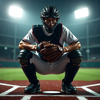 AI-generated photo: Photorealistic sports photography. Tight frontal shot of a catcher crouched at home plate in a drivi...