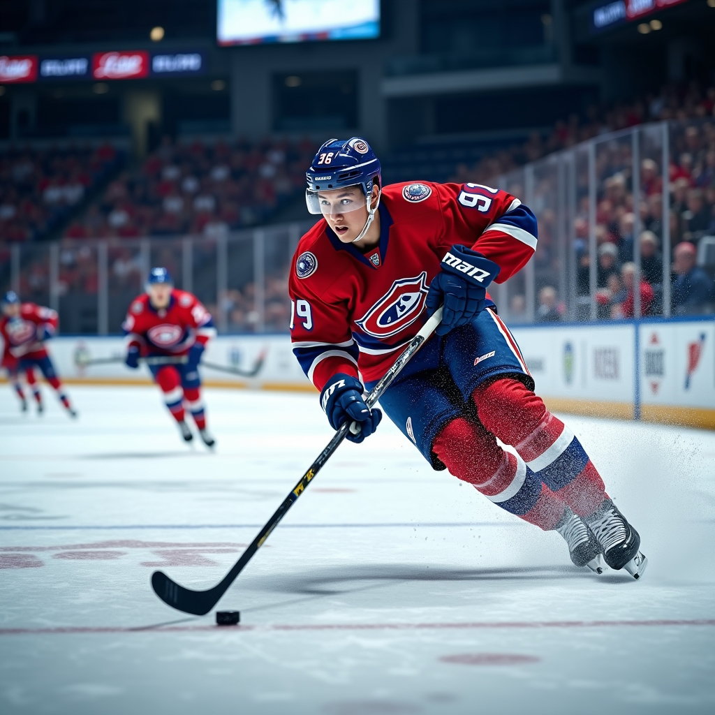 AI-generated photo: Photorealistic sports action photograph of an ice hockey forward blasting a slap shot in a high-stak...