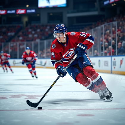 AI-generated photo: Photorealistic sports action photograph of an ice hockey forward blasting a slap shot in a high-stak...