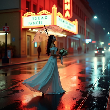 AI-generated photo: Photorealistic wedding photography — rain-soaked city crosswalk at night beneath a glowing vintage c...