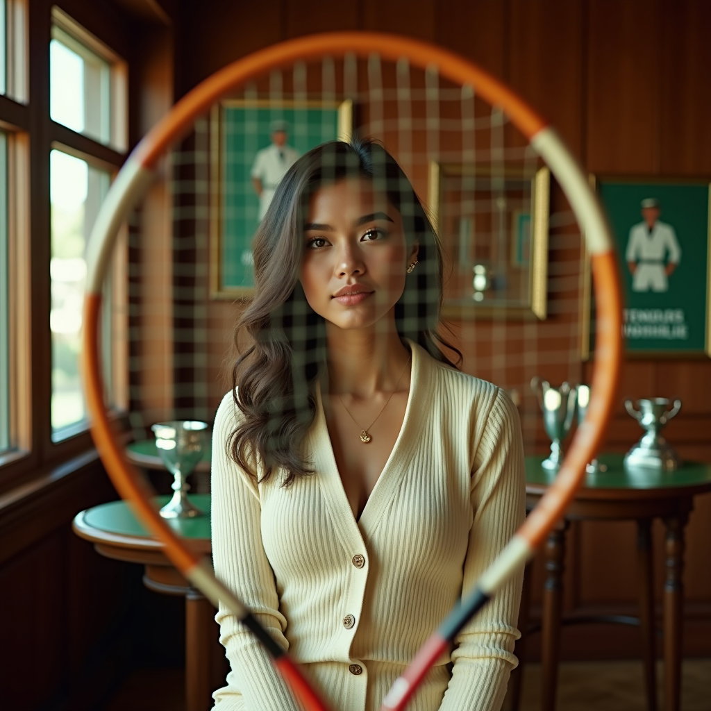 Preppy Country Club Tenniscore Portraits example: Photorealistic creative editorial portrait photography, unexpected preppy tenniscore portrait inside a vintage country c