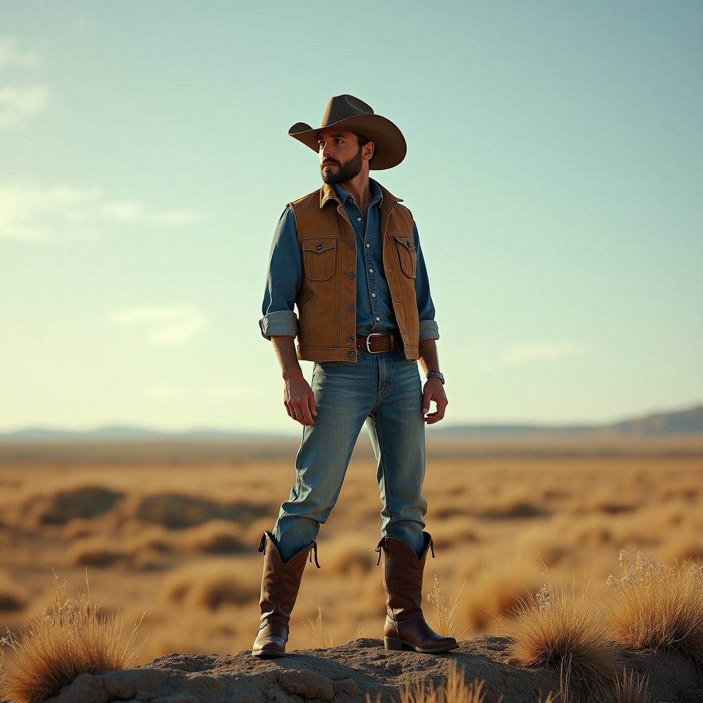 AI-generated photo: Photorealistic fashion photography, a lone cowboy in a weathered denim-and-leather western look stan...
