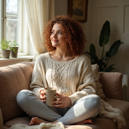 AI-generated photo: Cozy At-Home Vibes lifestyle photo featuring a woman lounging comfortably on a plush velvet couch, d...