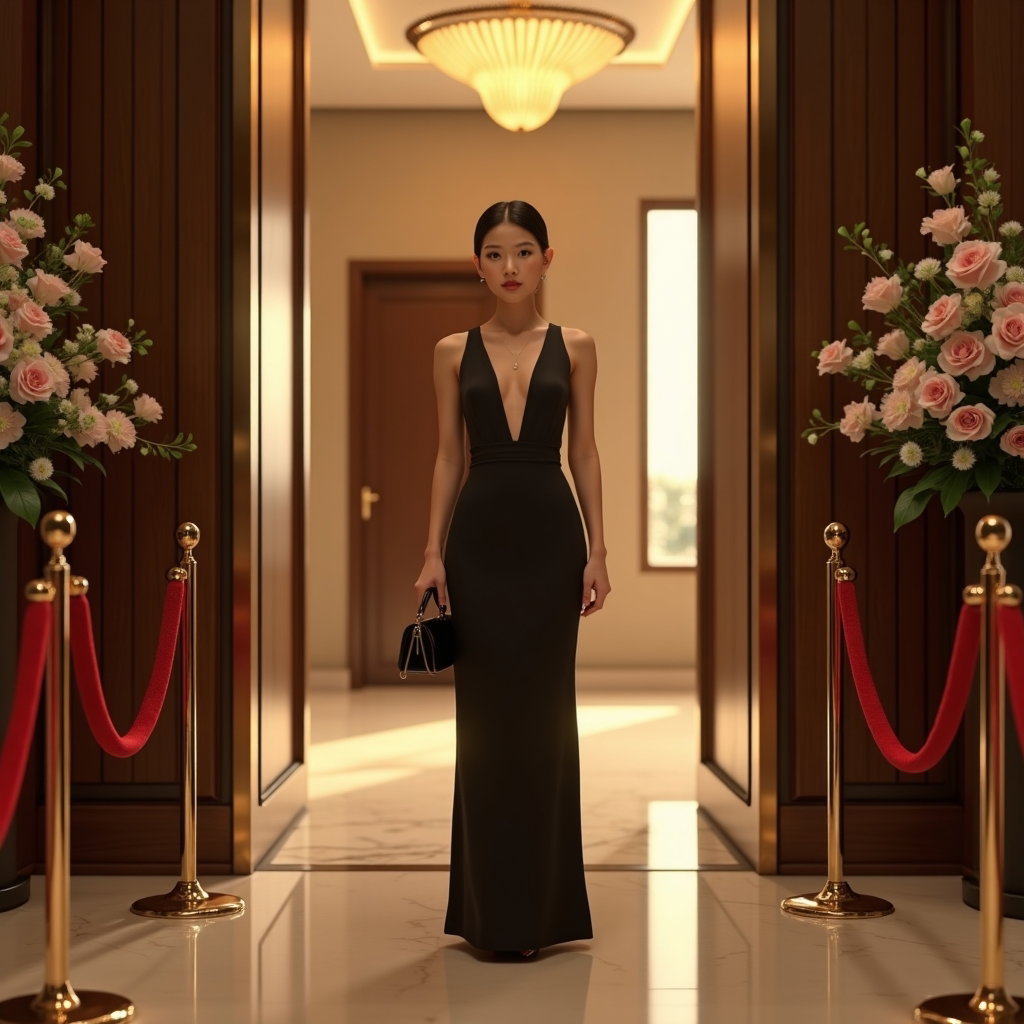 Birthday Dinner Solo Portraits That Feel Elegant example: Photorealistic portrait photography. Full-body solo portrait at the entrance of an elegant dinner venue, standing near a