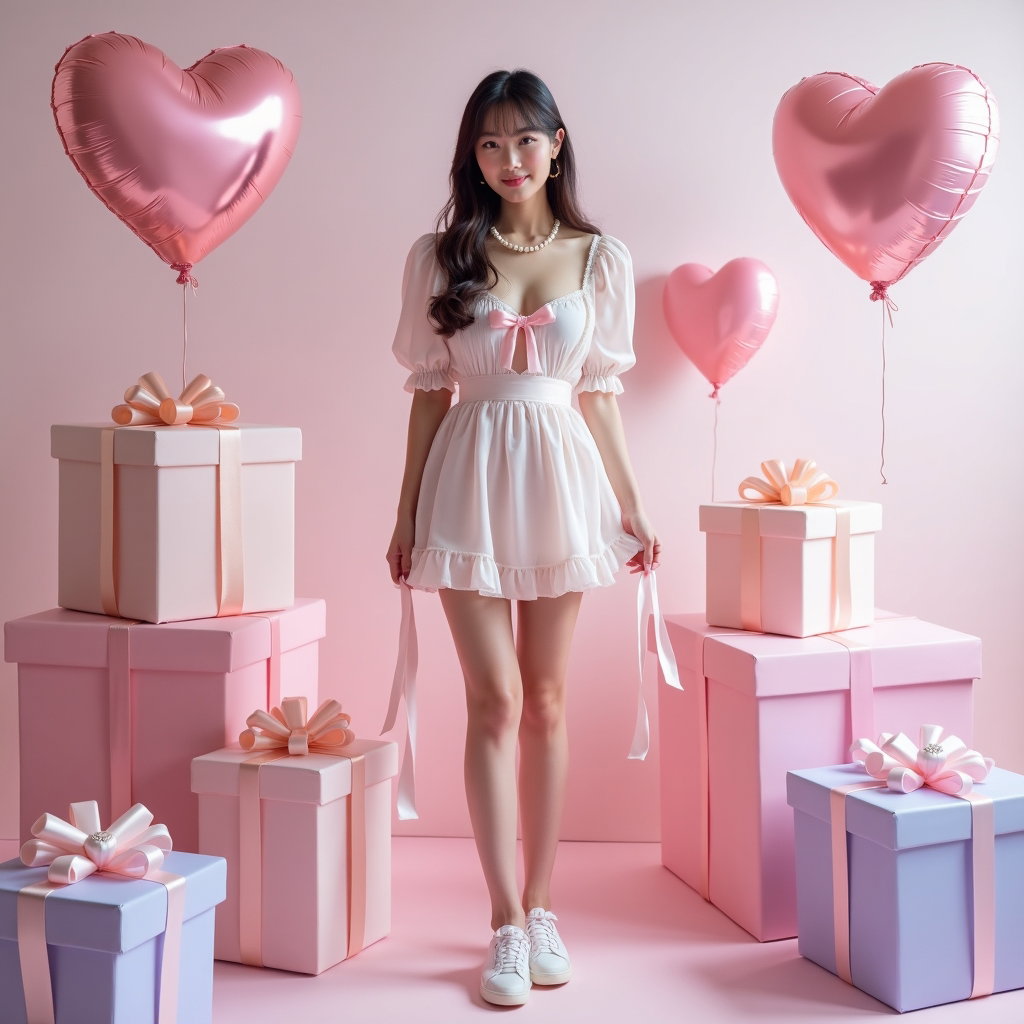 AI-generated photo: Editorial fashion photography, a sophisticated kawaii solo portrait set in a minimal pastel studio t...