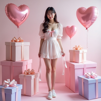 AI-generated photo: Editorial fashion photography, a sophisticated kawaii solo portrait set in a minimal pastel studio t...