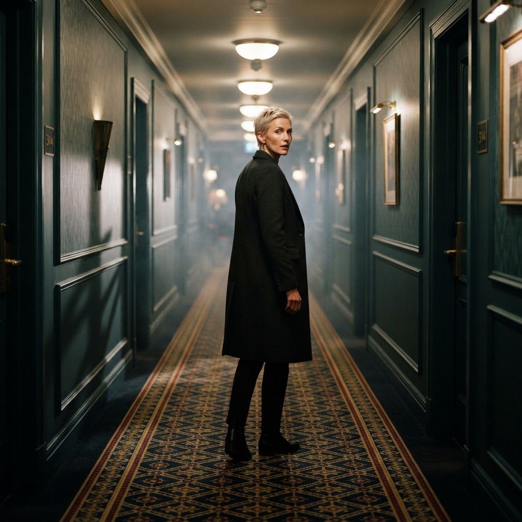 Hotel Corridor Tension: Low hallway perspective along a patterned hotel carpet, one visible person paused midway down the corridor in a sharply fitted coat, looking…