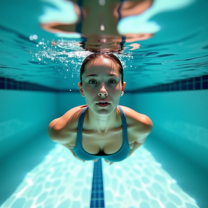 AI-generated photo: Photorealistic underwater portrait photography, close-up front-facing composition of a swimmer in ul...