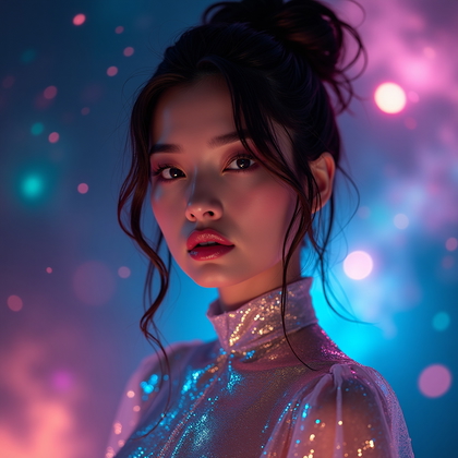 AI-generated photo: Photorealistic fashion photography, close-up galaxy fashion look with the subject in a shimmering, i...