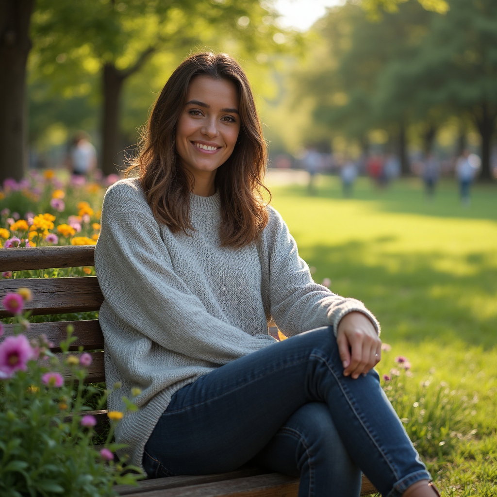 AI-generated photo: Relaxed Lifestyle Portrait photo showcasing a tranquil park setting with lush green grass and tall t...