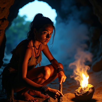 AI-generated photo: Photorealistic environmental portrait at a cave mouth during blue hour, the lead in a low hunter’s c...