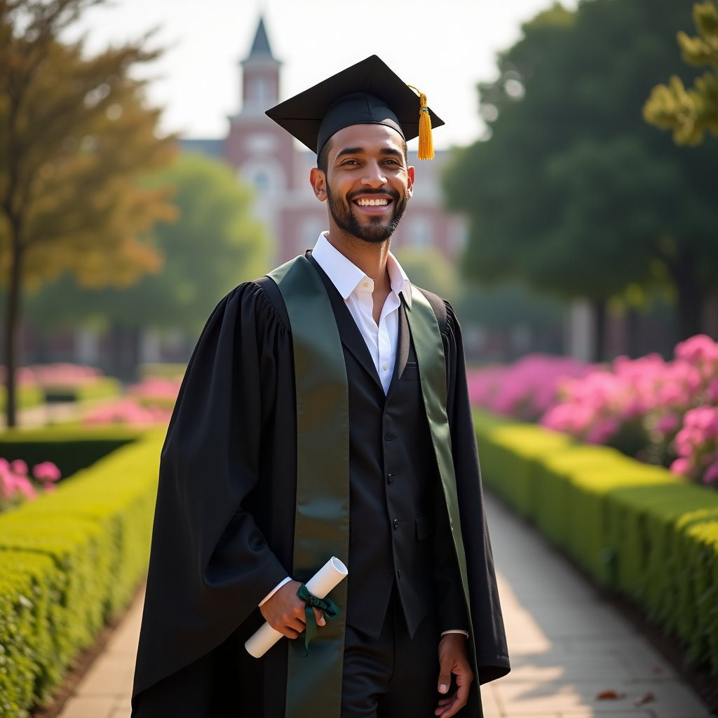 AI-generated photo: Professional fashion portrait photography, joyful smile-and-laugh graduation portrait in a refined c...