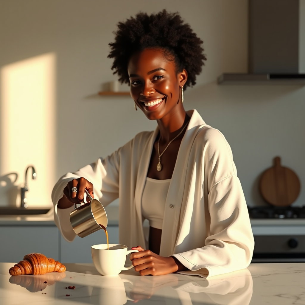 AI-generated photo: Photorealistic lifestyle photography in a minimalist kitchen bathed in warm early light, the subject...