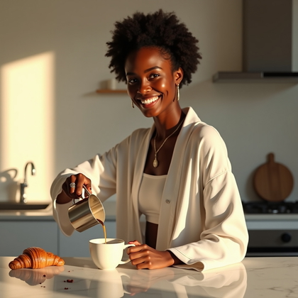 AI-generated photo: Photorealistic lifestyle photography in a minimalist kitchen bathed in warm early light, the subject...