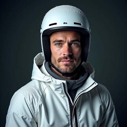 AI-generated photo: Photorealistic studio portrait photograph. A heroic winter athlete stands in full competition gear a...