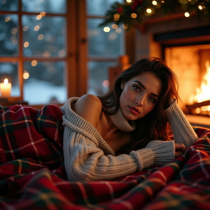 AI-generated photo: Photorealistic winter fashion editorial photo: Reclining on a plaid wool blanket before a crackling ...
