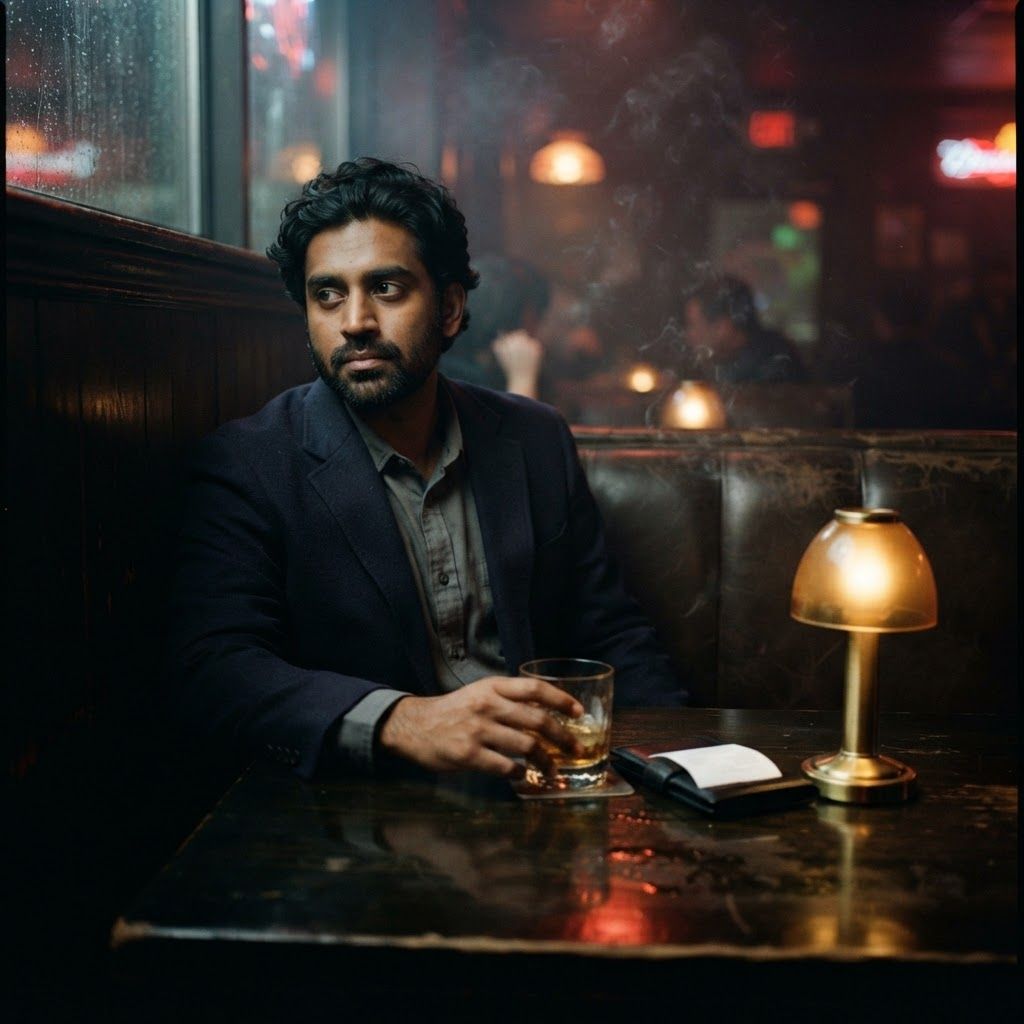 Smoky Bar Booth: Slight high-angle portrait from the opposite side of a dim booth, showing the subject seated alone over a small table with a half-full…