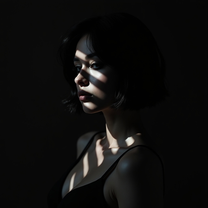 AI-generated photo: Photorealistic studio portrait of the subject in a low-key noir setup with a venetian-blind gobo cas...