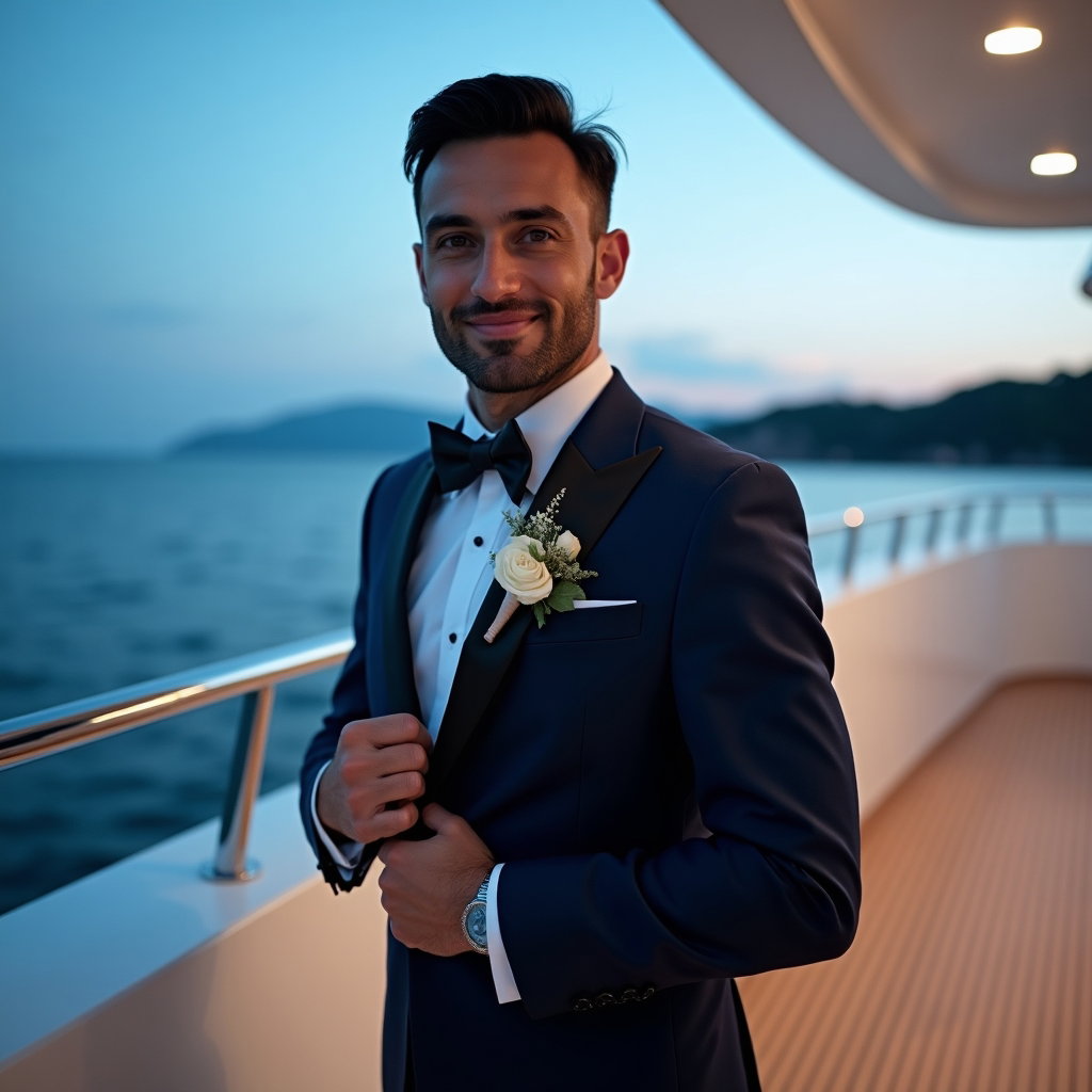 AI-generated photo: Photorealistic wedding photography portrait on a sleek yacht deck at nautical blue hour, polished te...