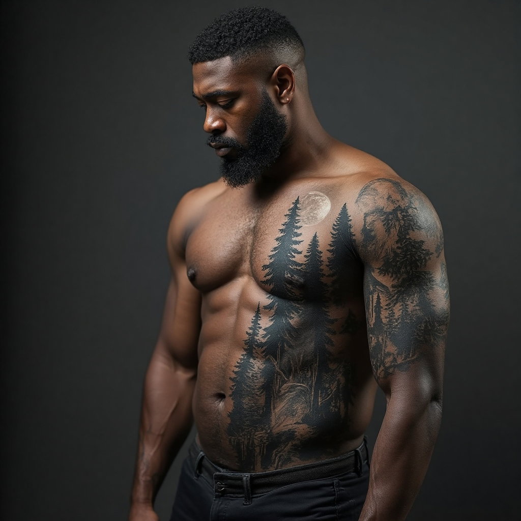 AI-generated photo: Photorealistic photography of a man with a detailed black-and-gray forest landscape tattoo that feat...