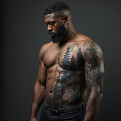 AI-generated photo: Photorealistic photography of a man with a detailed black-and-gray forest landscape tattoo that feat...