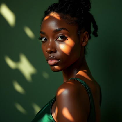 AI-generated photo: Photorealistic editorial portrait photo with a dappled foliage gobo simulating sunlit leaves kissing...