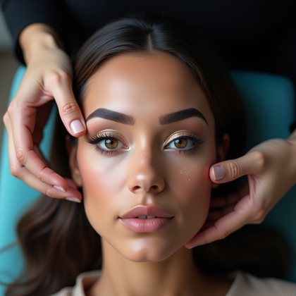 AI-generated photo: Photorealistic beauty photography. Close-up beauty shot with the person lying back on a makeup chair...
