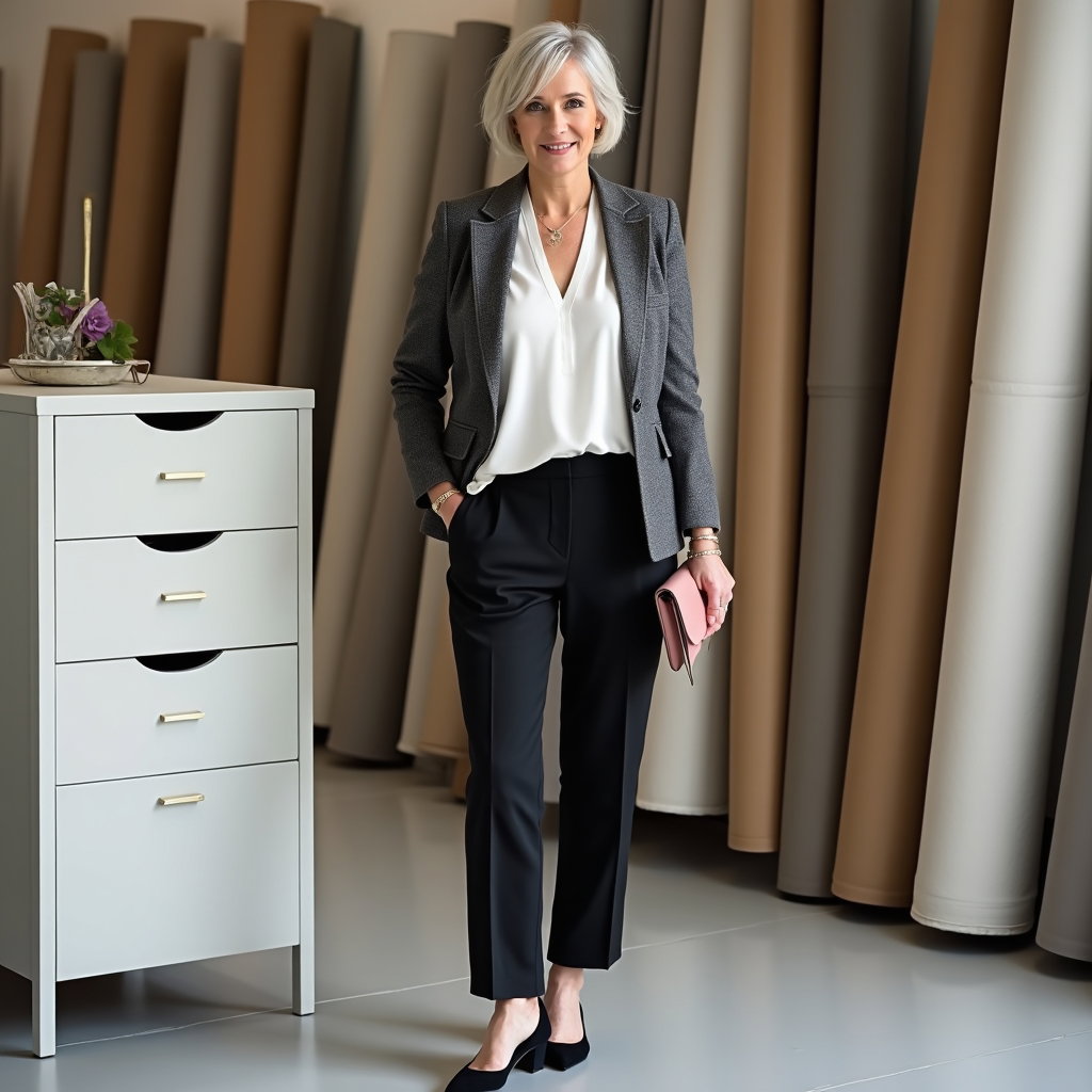 Creative Layered Separates: Full-body standing portrait of one subject beside a wall of sample drawers and rolled plans in a modern design studio.