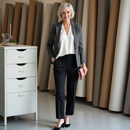 Pièces créatives superposées : portrait debout en pied d’une seule personne à côté d’un mur de tiroirs à échantillons et de plans roulés dans un studio de design moderne.