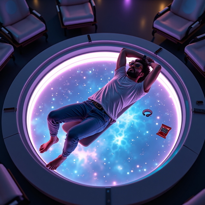 AI-generated photo: Photorealistic lifestyle space photography, a person floating on their back in the center of a circu...