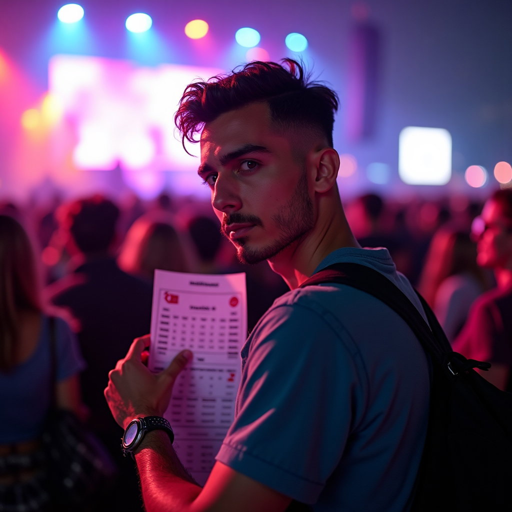 Over-the-Shoulder Setlist Moment example: Photorealistic festival portrait photography. Environmental portrait at the front-row barricade, with the subject leanin