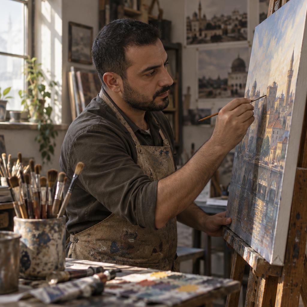 Creative Practice In A Working Studio: Three-quarter profile photo in a compact painting studio: one person in a worn apron reaches toward a canvas to add a fine line to an…