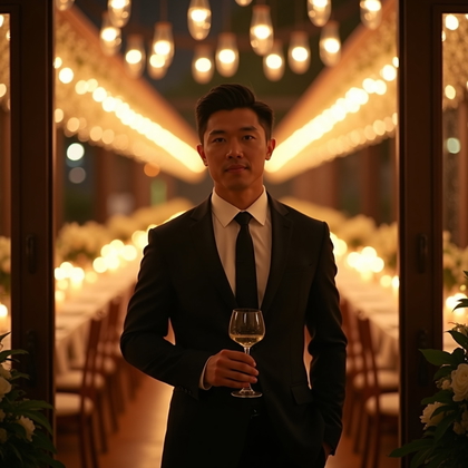 AI-generated photo: Photorealistic wedding portrait photograph at the reception entrance where rows of candlelit tables ...