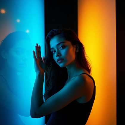 AI-generated photo: Photorealistic studio portrait photograph. The subject is positioned in a standing three-quarter pos...