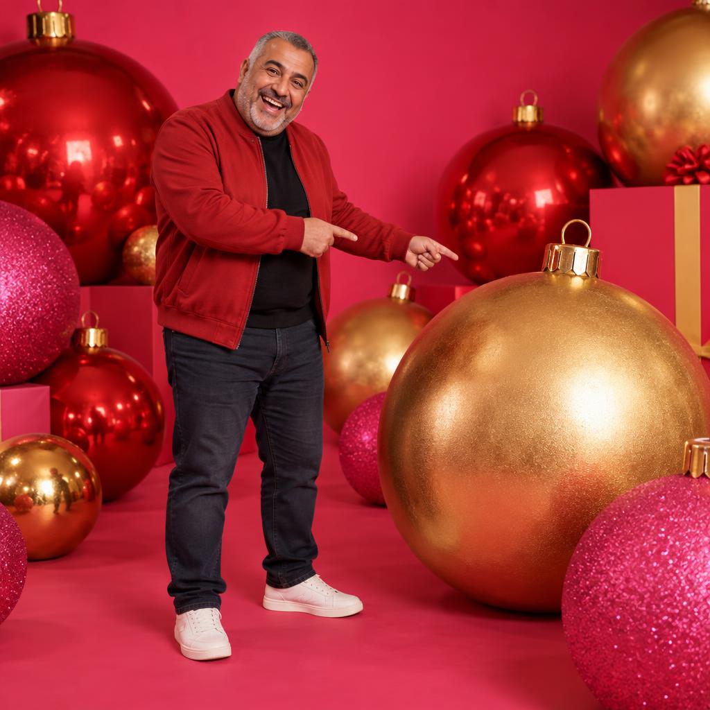 Playful Oversized Ornament Set: He stands in a deep-pink studio set surrounded by giant red, pink, and gold baubles, pointing playfully toward a gold ornament nearly as…