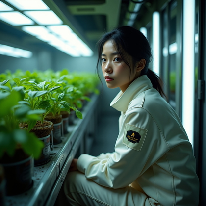 AI-generated photo: Cinematic photorealistic portrait photography, a deeply introspective portrait set in a moon base gr...