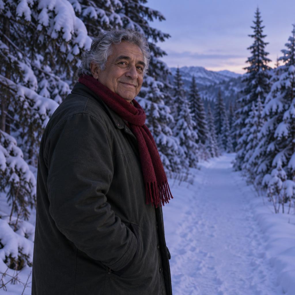 Snowy Evergreen Walk: A quiet blue-hour photo on a narrow path between snow-covered spruces.