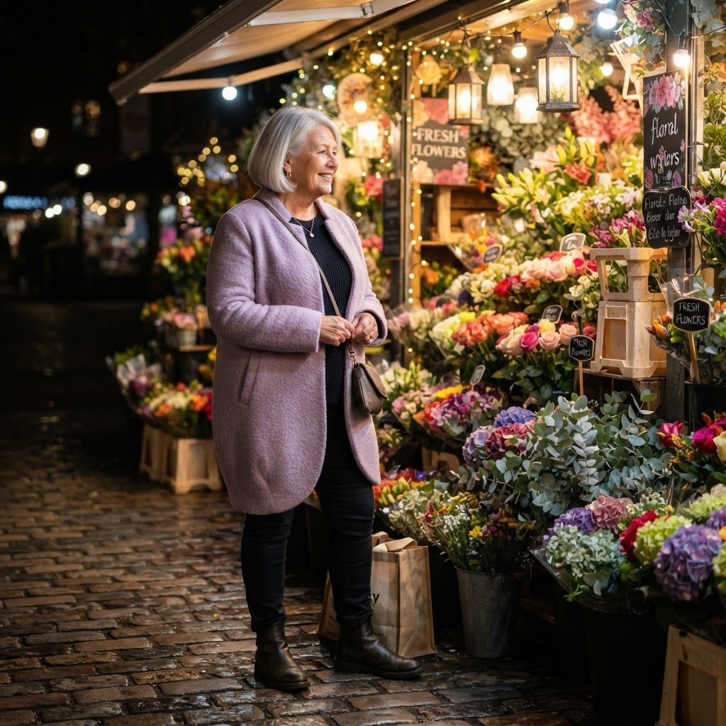 Cocoon Coat in a Night Market: Head-to-toe portrait beside a glowing flower stall at a night market.
