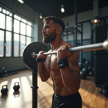 AI-generated photo: Photorealistic photography capturing a UFC fighter during an intense weightlifting session at a mode...