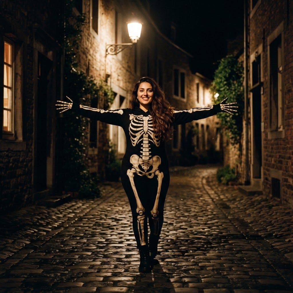 Skeleton Under a Streetlight: Wide full-body Halloween photo on a deserted cobblestone lane, with one streetlight visible above the subject.